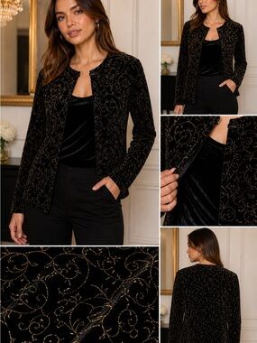 NWOT Velvet Luxe Black Gold Embroidered Jacket Top XL Evening Chic